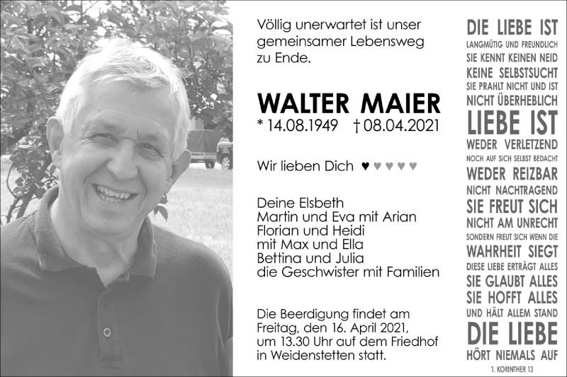  Traueranzeige für Walter Maier vom 14.04.2021 aus SÜDWEST PRESSE Ausgabe Ulm/Neu-Ulm