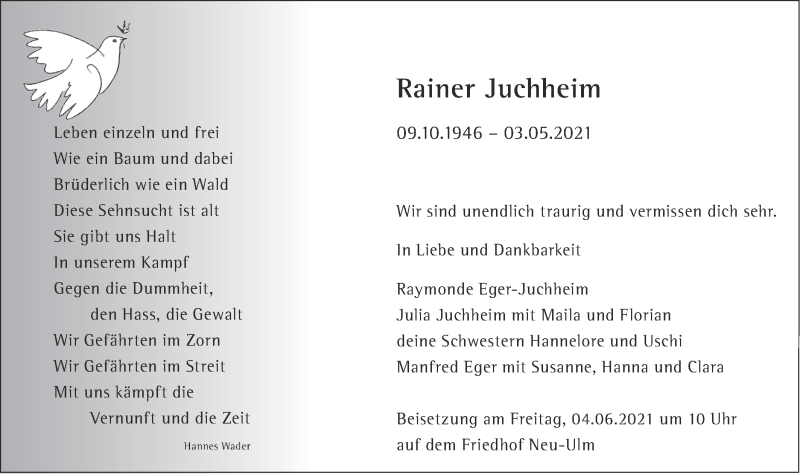  Traueranzeige für Rainer Juchheim vom 07.05.2021 aus SÜDWEST PRESSE Ausgabe Ulm/Neu-Ulm