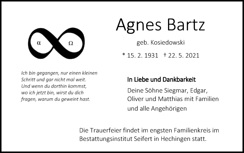  Traueranzeige für Agnes Bartz vom 29.05.2021 aus Metzinger-Uracher Volksblatt
