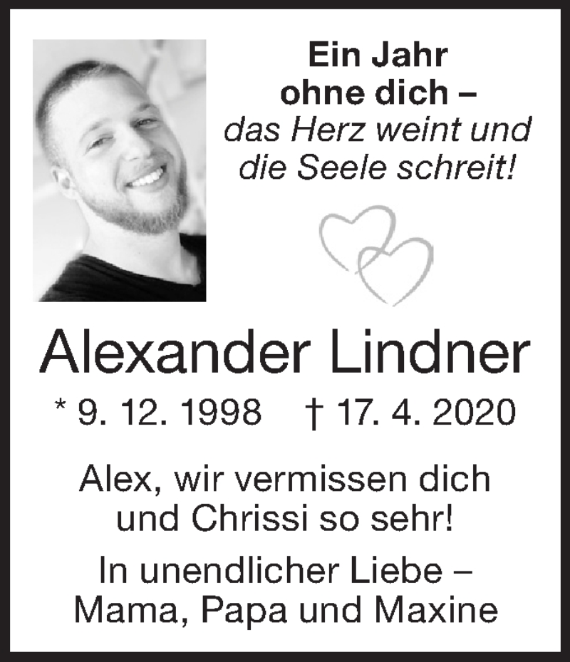  Traueranzeige für Alexander Lindner vom 17.04.2021 aus NWZ Göppingen