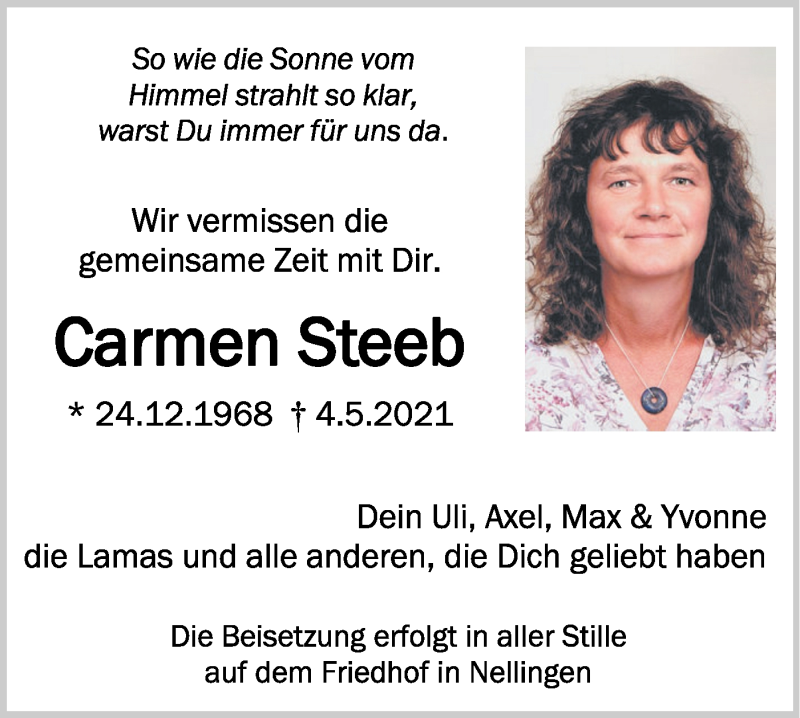  Traueranzeige für Carmen Steeb vom 12.05.2021 aus SÜDWEST PRESSE Ausgabe Ulm/Neu-Ulm