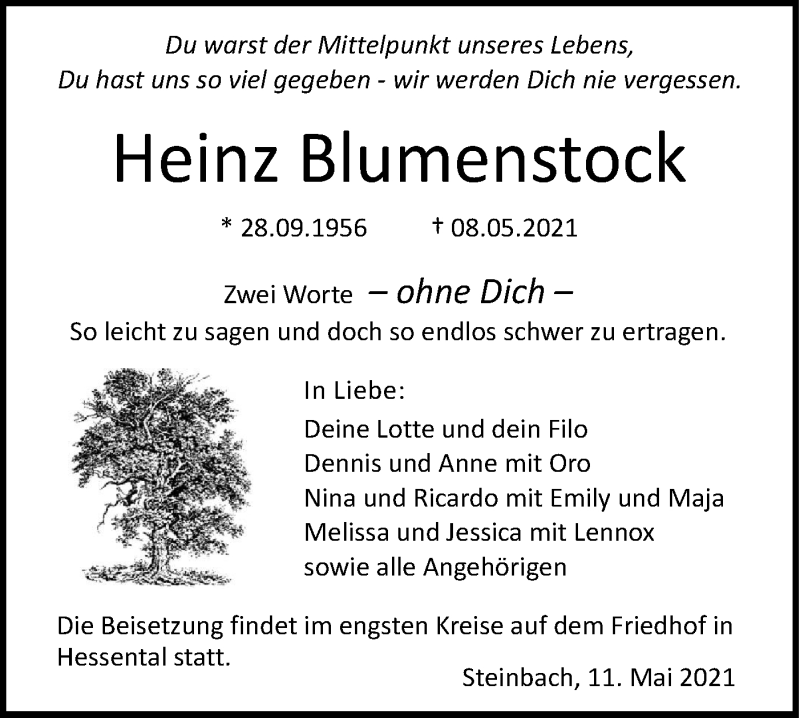  Traueranzeige für Heinz Blumenstock vom 11.05.2021 aus Haller Tagblatt