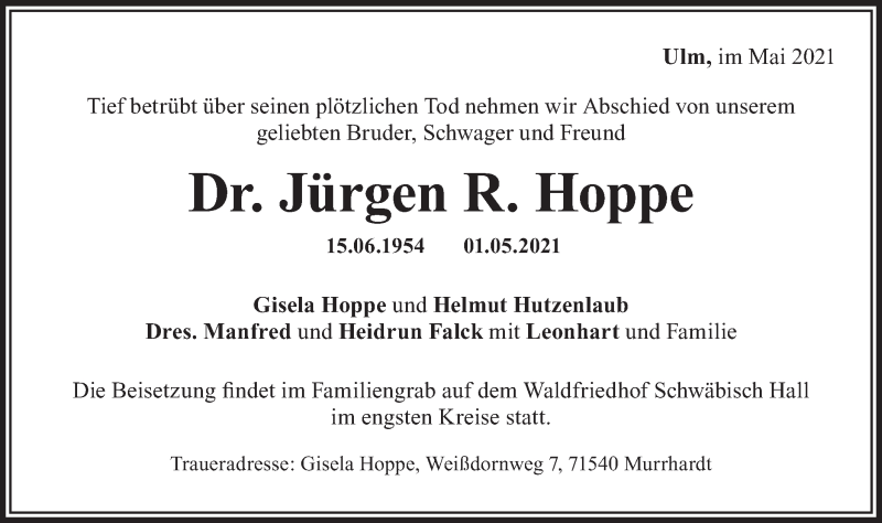  Traueranzeige für Jürgen R. Hoppe vom 15.05.2021 aus Haller Tagblatt