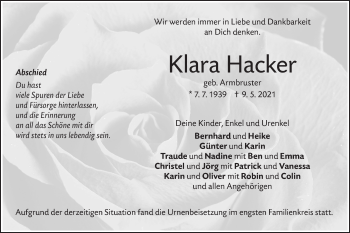Traueranzeige von Klara Hacker von Metzinger-Uracher Volksblatt
