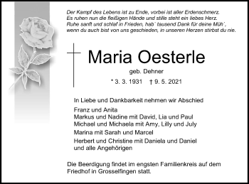 Traueranzeige von Maria Oesterle von Metzinger-Uracher Volksblatt