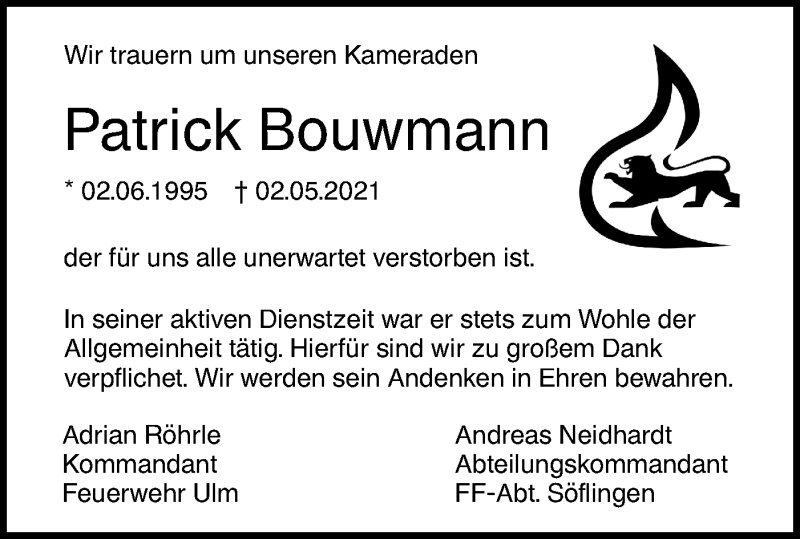  Traueranzeige für Patrick Bouwmann vom 14.05.2021 aus SÜDWEST PRESSE Ausgabe Ulm/Neu-Ulm