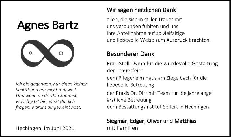  Traueranzeige für Agnes Bartz vom 09.06.2021 aus Metzinger-Uracher Volksblatt
