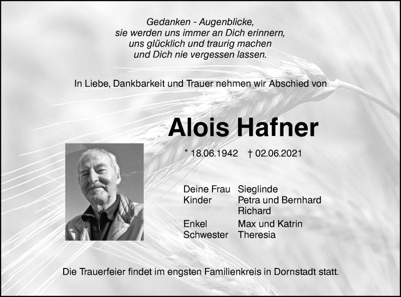  Traueranzeige für Alois Hafner vom 08.06.2021 aus SÜDWEST PRESSE Ausgabe Ulm/Neu-Ulm