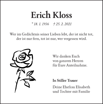 Traueranzeige von Erich Kloss von NWZ Neue Württembergische Zeitung
