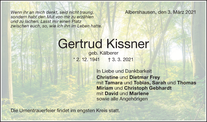  Traueranzeige für Gertrud Kissner vom 06.03.2021 aus NWZ Neue Württembergische Zeitung