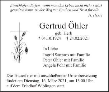 Traueranzeige von Gertrud Öhler von SÜDWEST PRESSE Ausgabe Ulm/Neu-Ulm