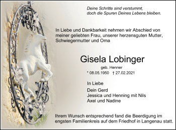 Traueranzeige von Gisela Lobinger von SÜDWEST PRESSE Ausgabe Ulm/Neu-Ulm