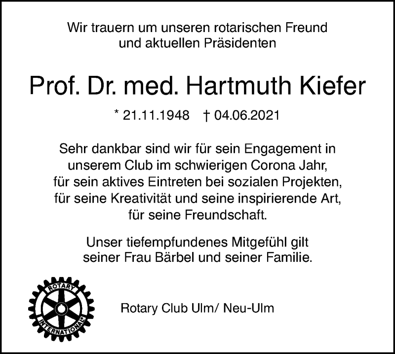  Traueranzeige für Hartmuth Kiefer vom 11.06.2021 aus SÜDWEST PRESSE Ausgabe Ulm/Neu-Ulm