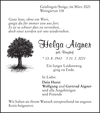Traueranzeige von Helga Aigner von Geislinger Zeitung
