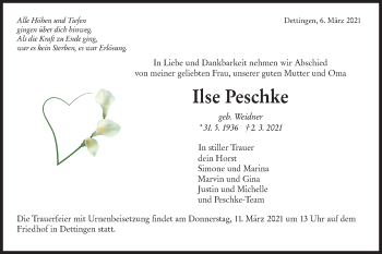 Traueranzeige von Ilse Peschke von Metzinger-Uracher Volksblatt