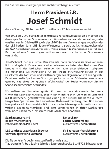 Traueranzeige von Josef Schmidt von SÜDWEST PRESSE