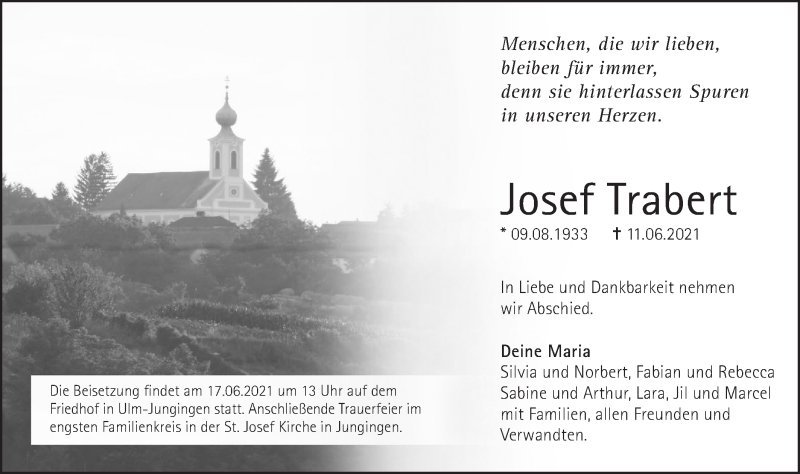  Traueranzeige für Josef Trabert vom 15.06.2021 aus SÜDWEST PRESSE Ausgabe Ulm/Neu-Ulm