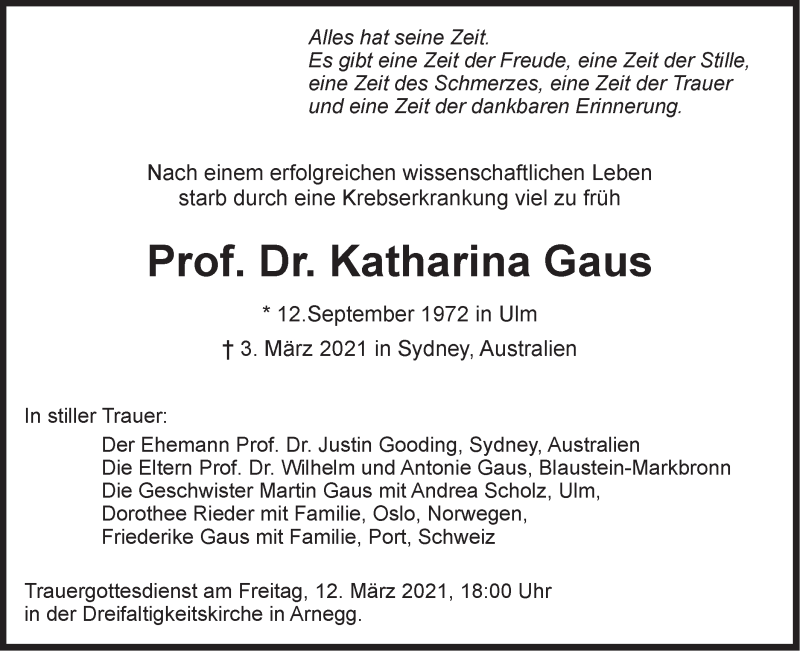  Traueranzeige für Katharina Gaus vom 06.03.2021 aus SÜDWEST PRESSE Ausgabe Ulm/Neu-Ulm