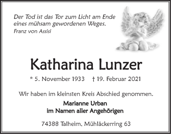 Traueranzeige von Katharina Lunzer von Hohenloher Tagblatt