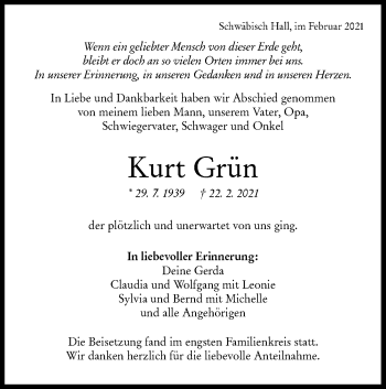 Traueranzeige von Kurt Grün von Haller Tagblatt