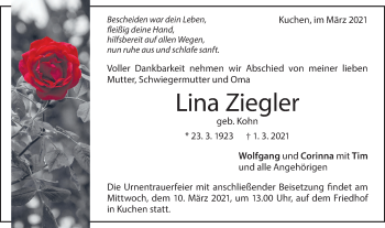 Traueranzeige von Lina Ziegler von Geislinger Zeitung