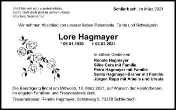 Traueranzeige von Lore Hagmayer von NWZ Neue Württembergische Zeitung