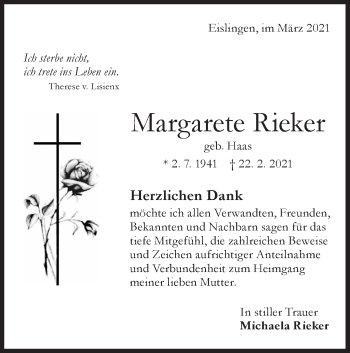 Traueranzeige von Margarete Rieker von NWZ Neue Württembergische Zeitung