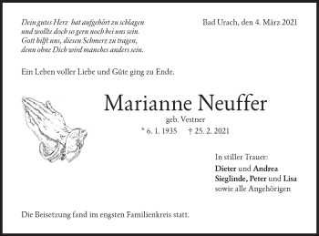 Traueranzeige von Marianne Neuffer von Metzinger-Uracher Volksblatt