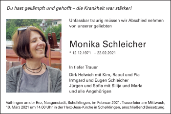 Traueranzeige von Monika Schleicher von Ehinger Tagblatt