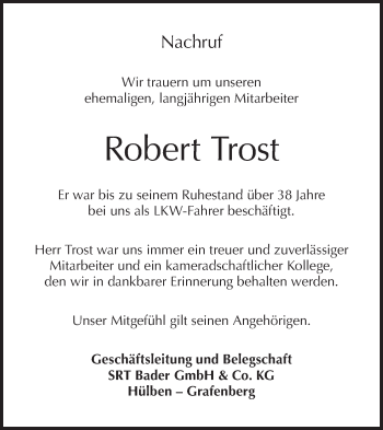 Traueranzeige von Robert Trost von Metzinger-Uracher Volksblatt