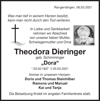 Traueranzeige von Theodora Dieringer von Metzinger-Uracher Volksblatt