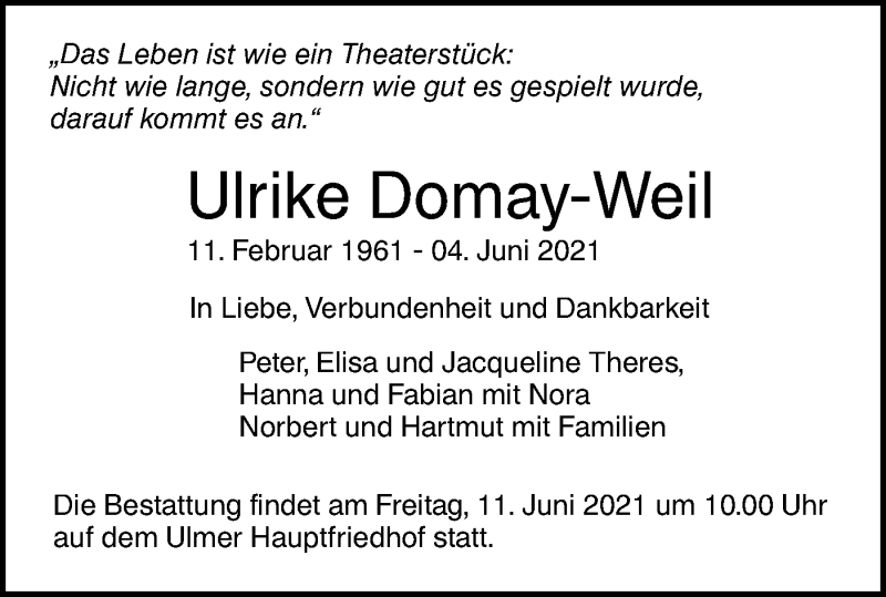  Traueranzeige für Ulrike Domay-Weil vom 09.06.2021 aus SÜDWEST PRESSE Ausgabe Ulm/Neu-Ulm