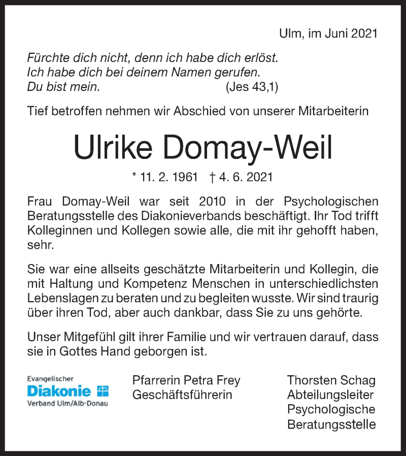  Traueranzeige für Ulrike Domay-Weil vom 12.06.2021 aus SÜDWEST PRESSE Ausgabe Ulm/Neu-Ulm