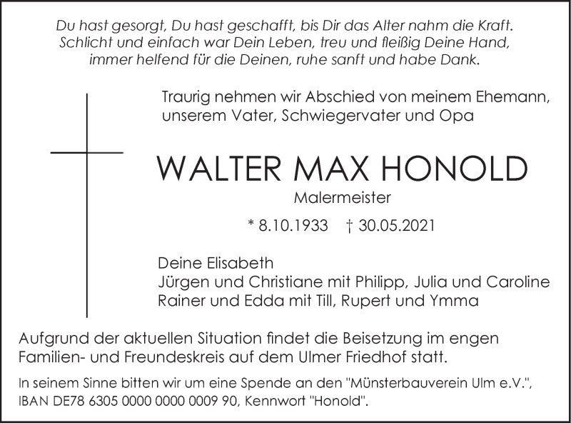  Traueranzeige für Walter Max Honold vom 05.06.2021 aus SÜDWEST PRESSE Ausgabe Ulm/Neu-Ulm