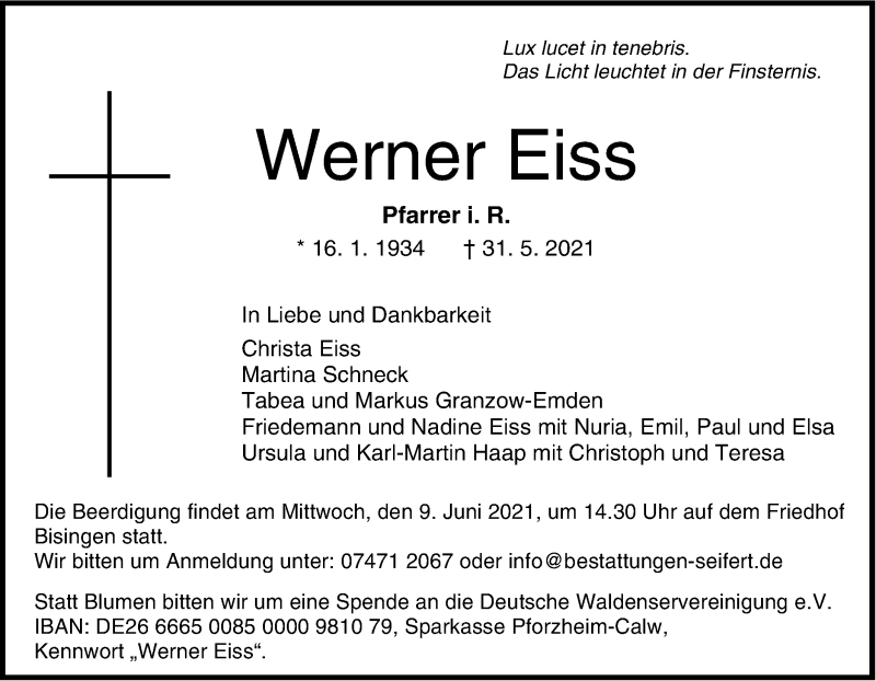  Traueranzeige für Werner Eiss vom 05.06.2021 aus Metzinger-Uracher Volksblatt
