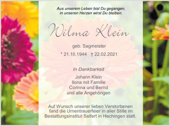Traueranzeige von Wilma Klein von Metzinger-Uracher Volksblatt