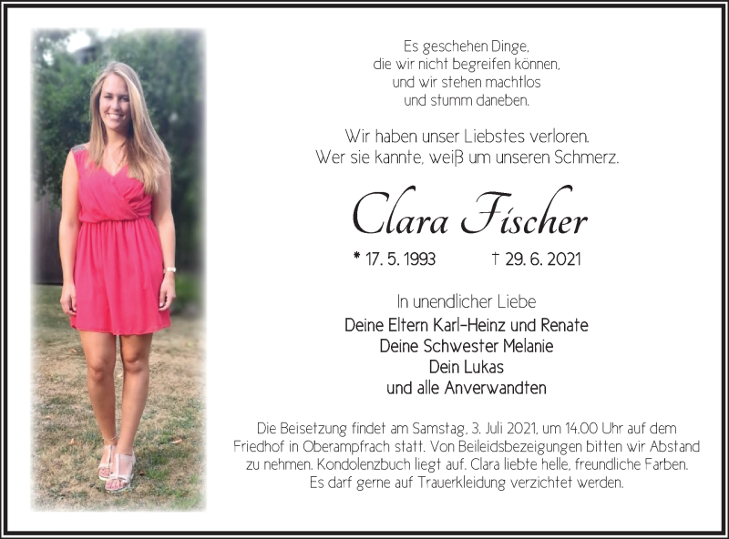  Traueranzeige für Clara Fischer vom 02.07.2021 aus Hohenloher Tagblatt