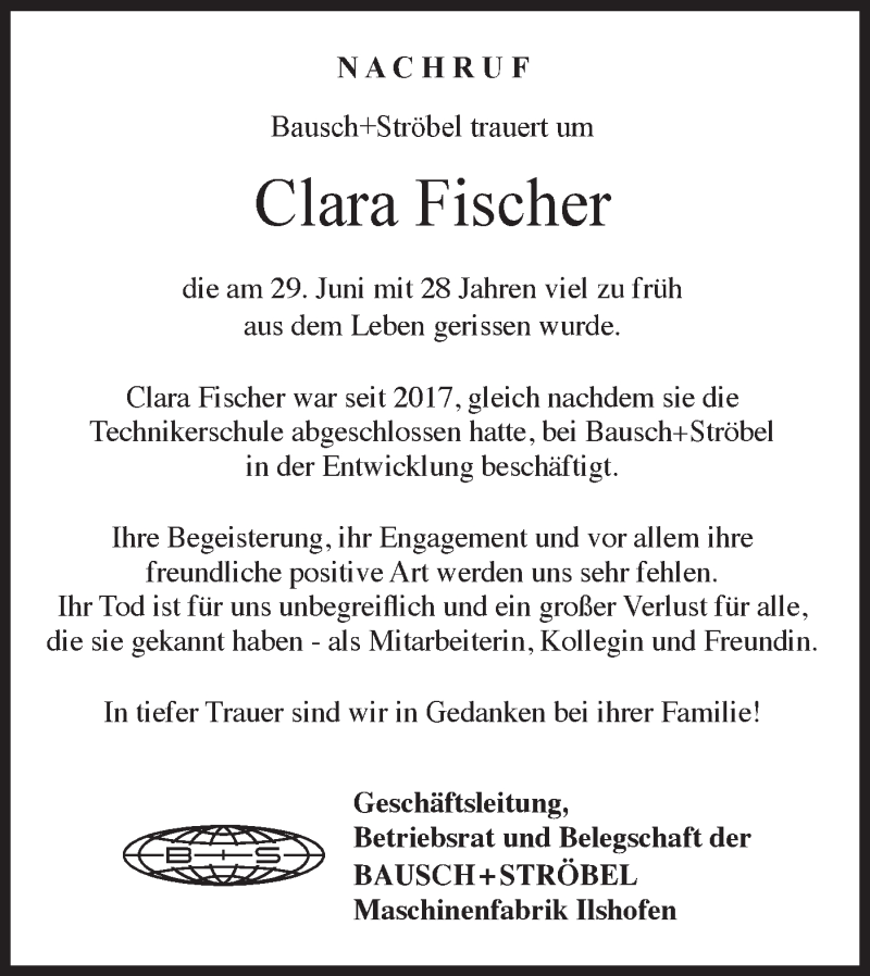  Traueranzeige für Clara Fischer vom 03.07.2021 aus Hohenloher Tagblatt