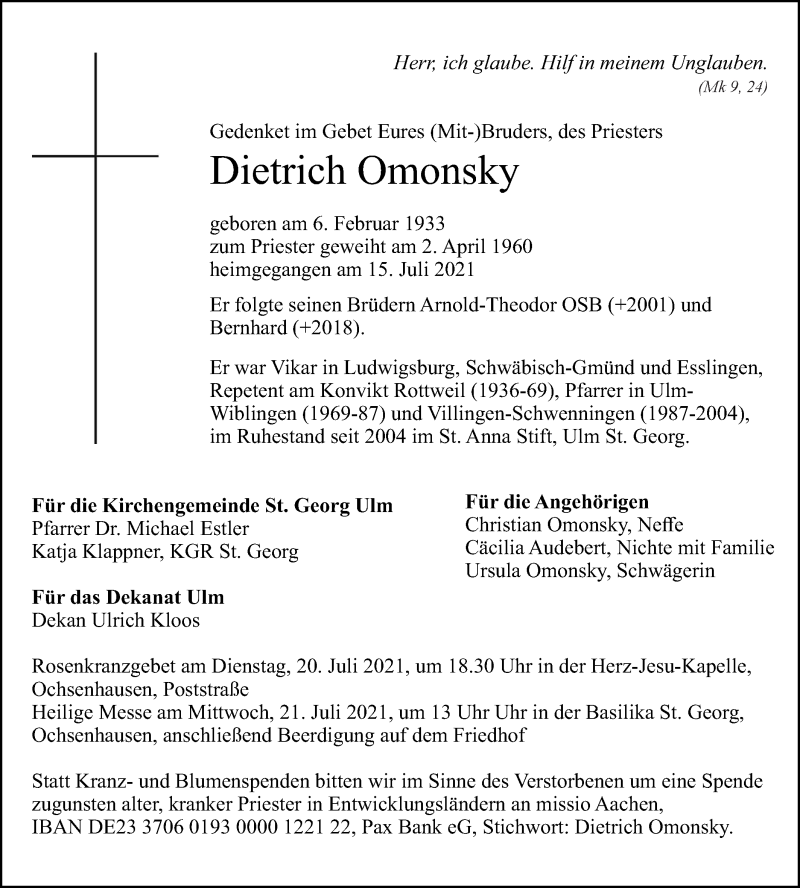  Traueranzeige für Dietrich Omonsky vom 17.07.2021 aus SÜDWEST PRESSE Ausgabe Ulm/Neu-Ulm