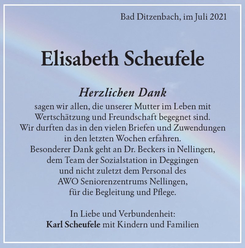  Traueranzeige für Elisabeth Scheufele vom 24.07.2021 aus Geislinger Zeitung