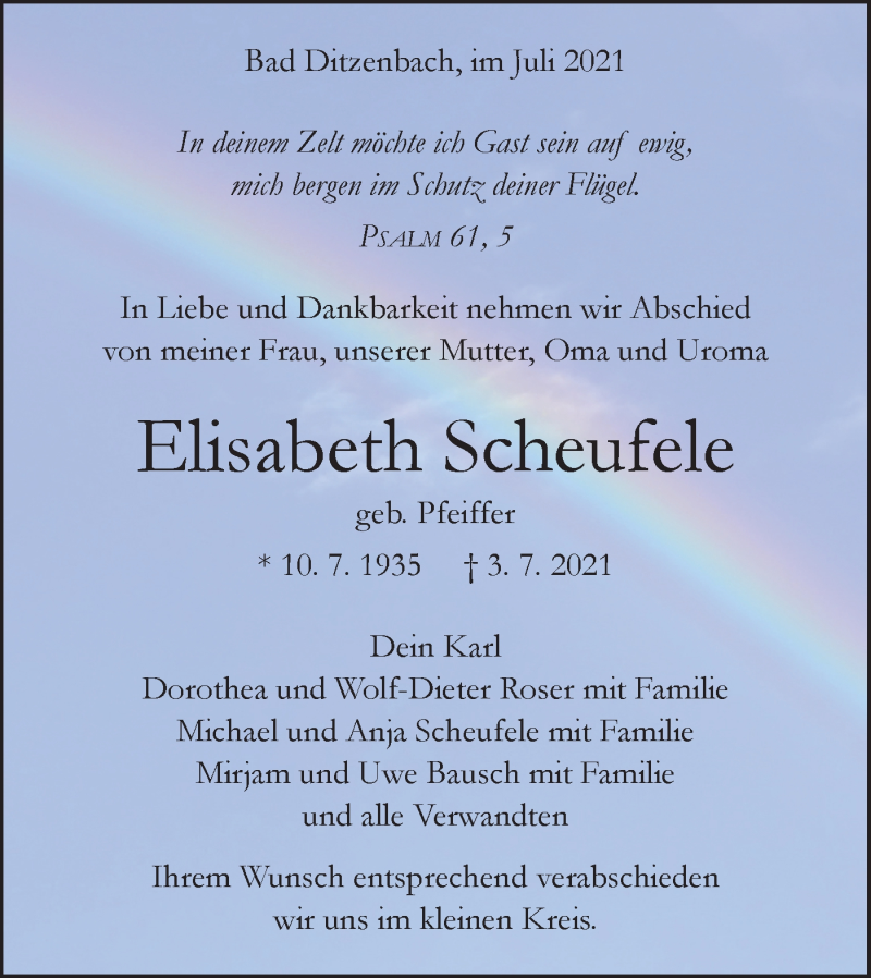  Traueranzeige für Elisabeth Scheufele vom 07.07.2021 aus Geislinger Zeitung