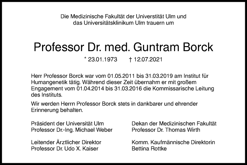  Traueranzeige für Guntram Borck vom 24.07.2021 aus SÜDWEST PRESSE Ausgabe Ulm/Neu-Ulm