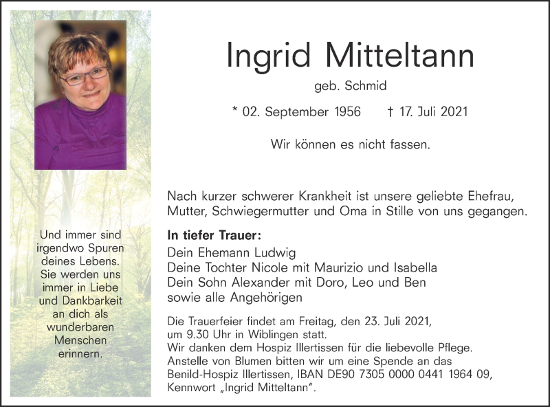  Traueranzeige für Ingrid Mitteltann vom 21.07.2021 aus SÜDWEST PRESSE Ausgabe Ulm/Neu-Ulm