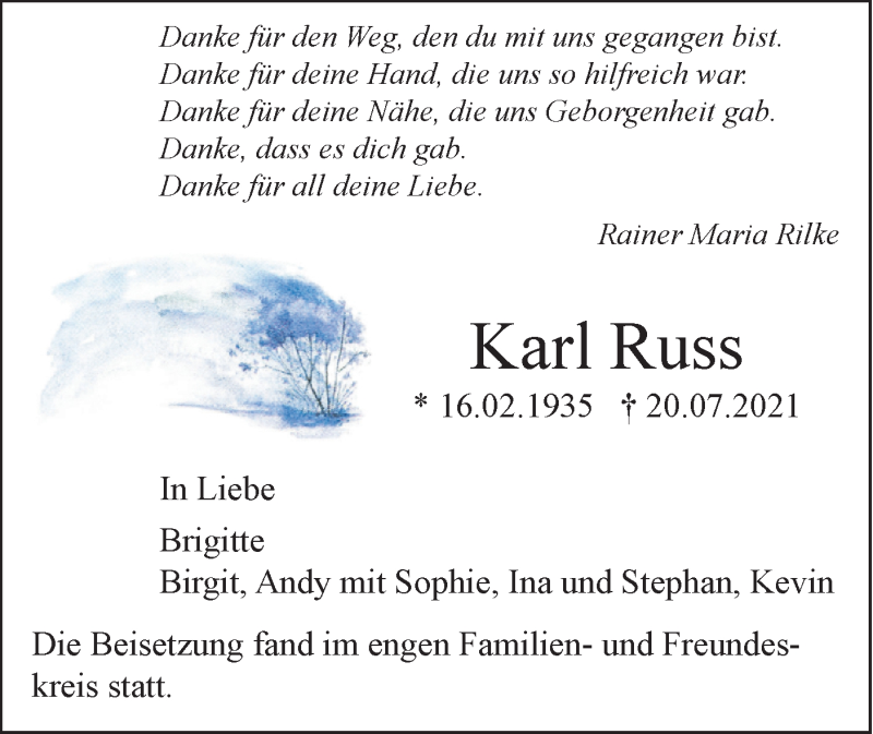  Traueranzeige für Karl Russ vom 24.07.2021 aus SÜDWEST PRESSE Ausgabe Ulm/Neu-Ulm