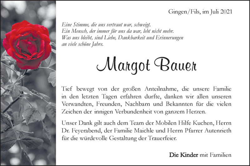  Traueranzeige für Margot Bauer vom 24.07.2021 aus Geislinger Zeitung