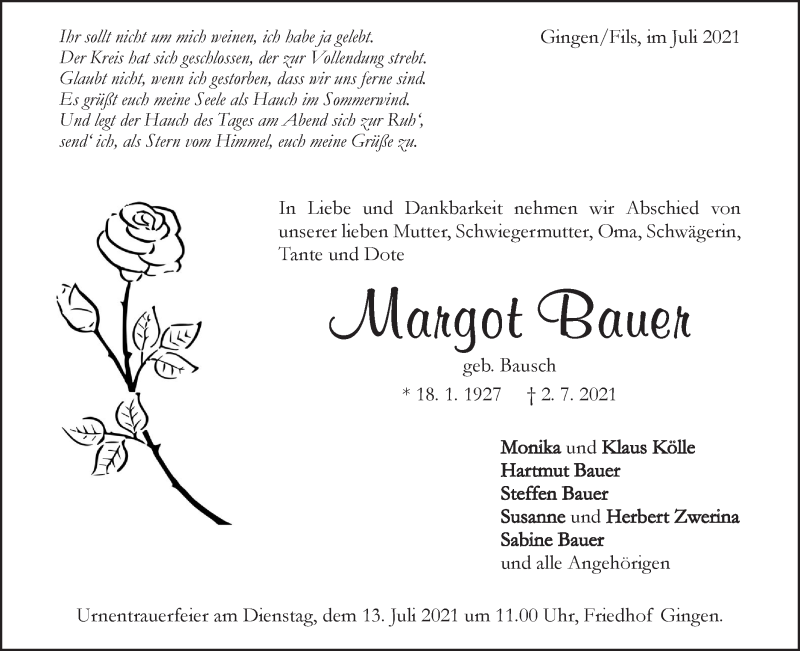  Traueranzeige für Margot Bauer vom 07.07.2021 aus Geislinger Zeitung