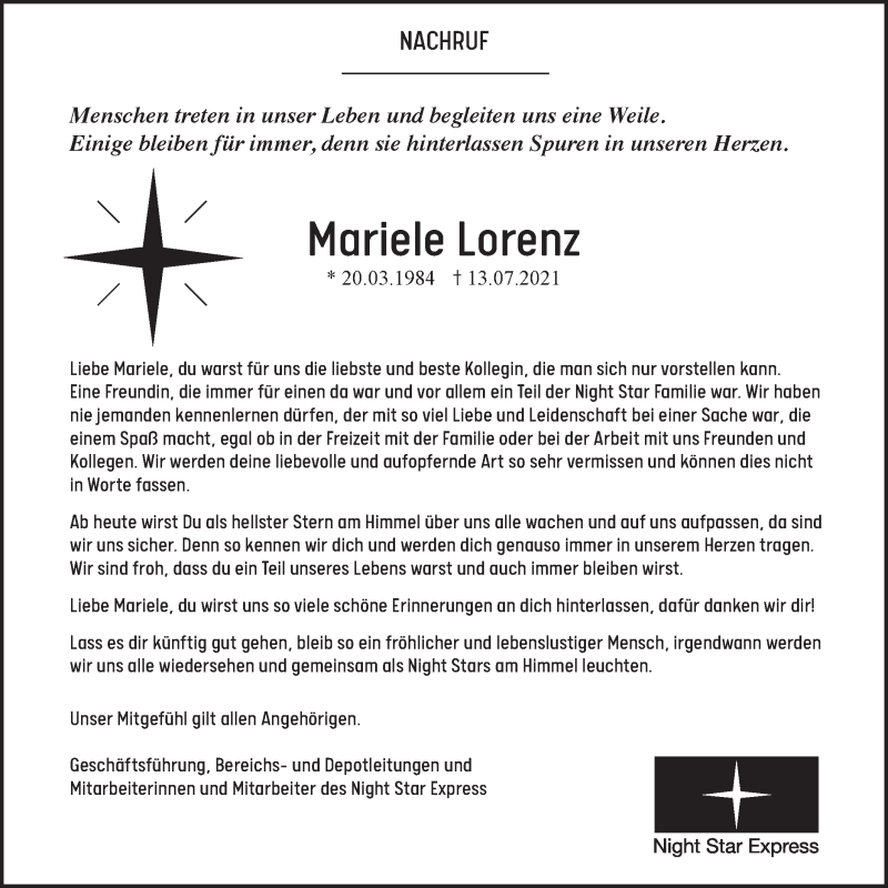  Traueranzeige für Mariele Lorenz vom 17.07.2021 aus SÜDWEST PRESSE Ausgabe Ulm/Neu-Ulm