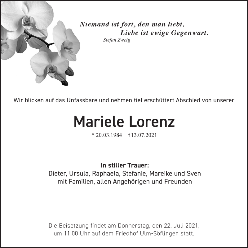  Traueranzeige für Mariele Lorenz vom 17.07.2021 aus SÜDWEST PRESSE Ausgabe Ulm/Neu-Ulm