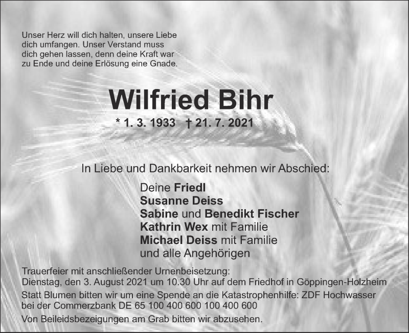  Traueranzeige für Wilfried Bihr vom 27.07.2021 aus NWZ Neue Württembergische Zeitung