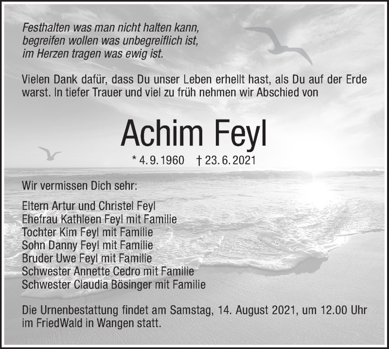  Traueranzeige für Achim Feyl vom 06.08.2021 aus NWZ Neue Württembergische Zeitung